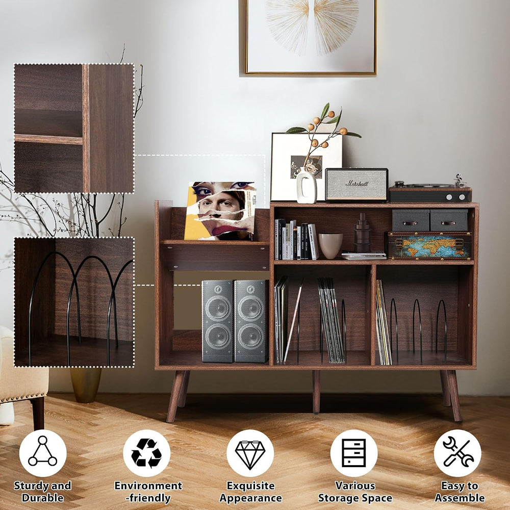 Large Record Player Stand, Mid-Century Vinyl Record Storage Table with Wood L...