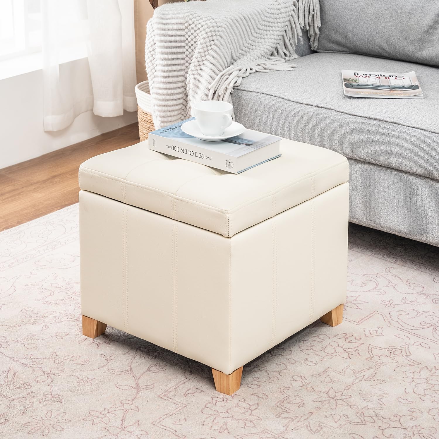 Adeco Square Storage Ottoman with Hinged Lid, 16" Upholstered Foot Stool & Seat for Entryway, Living Room, Faux Leather with Wood Legs (Ivory White)