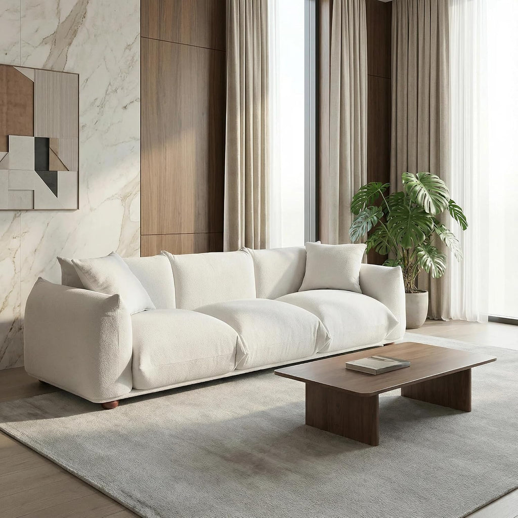 Sofa Couch, 100", 3 Seater, Solid Wood Frame, Boucle, Minimalist, Cream | Mid Century Modern 3 Seater Upholstered Couch, Nordic Minimalist Comfy Sofa, Solid Wood Frame Living Room Furniture