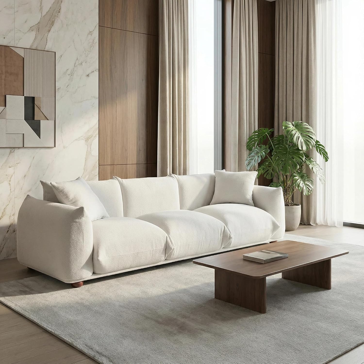 Sofa Couch, 100", 3 Seater, Solid Wood Frame, Boucle, Minimalist, Cream | Mid Century Modern 3 Seater Upholstered Couch, Nordic Minimalist Comfy Sofa, Solid Wood Frame Living Room Furniture