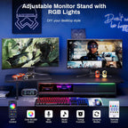 Artswish Adjustable Monitor Riser Stand with Power Outlet & Light Strip, Expand to 45 Inch, Computer Desk Shelf with Sliding Door, Desk Organization for Office, Gaming Room, with Storage, Black