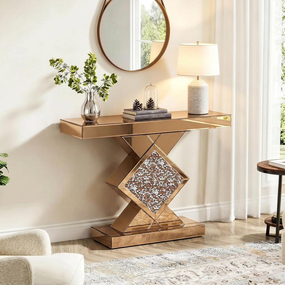 Tea-Colored Mirrored Console Table with Crushed Diamond lnlay, 32" Long ...
