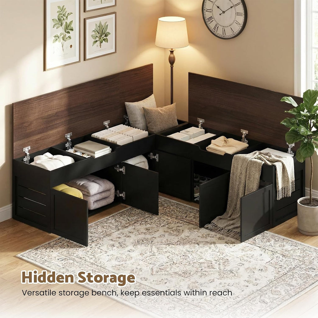 Kikihouse L-Shaped Corner Storage Bench with Cushion, Backless Wood Bench with Hidden Storage, for Dining Nook, Kitchen, Entryway, Cloakroom (White+Walnut (No Cushion))