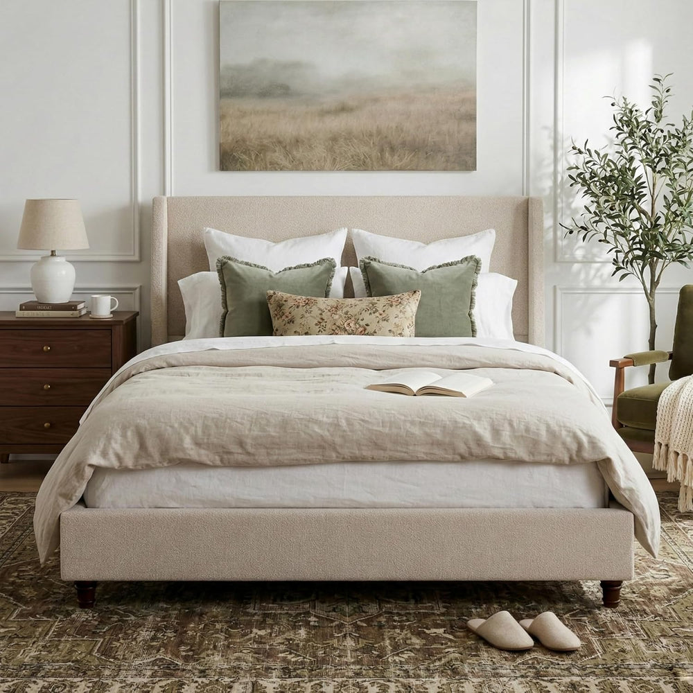 Queen Size Upholstered Bed Frame, 52.7" High Headboard Wingback Bedframe...