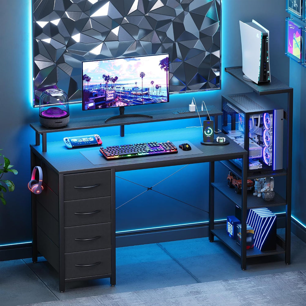 51 Inch Gaming Desk with Drawers & PC Tower Stand & LED Lights, Black