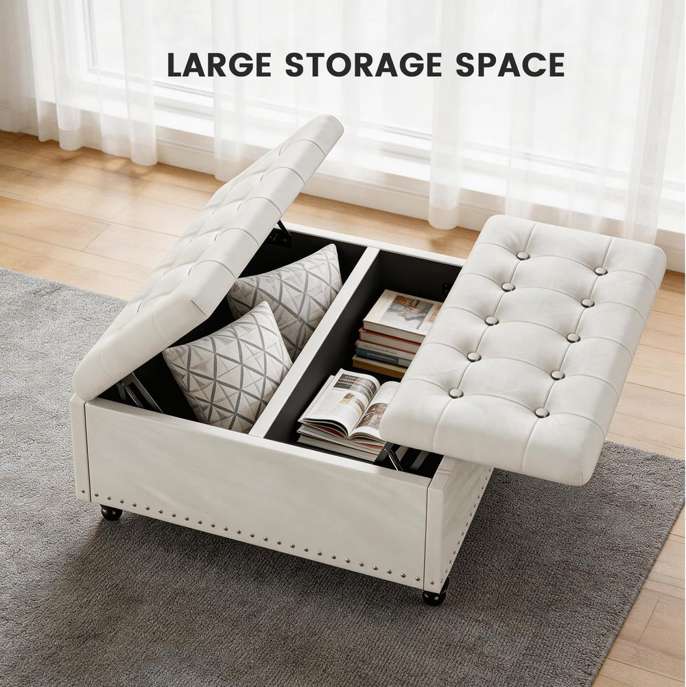 FUXA 35" Large Square Ottoman with Storage and Lift Top, Wood Legs, Beig...