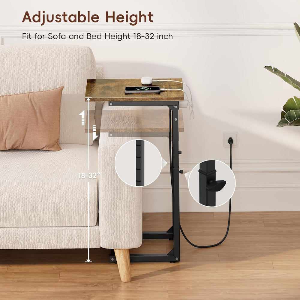 Vagusicc C Shaped End Table with Charging Station, 33"Tall Side Table fo...