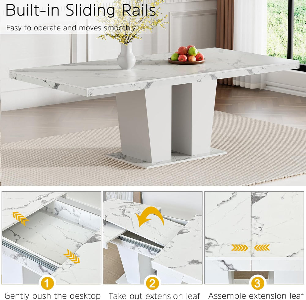 78.74" Extendable Dining Table for 6 8 10 Person, Modern White Faux Marb...