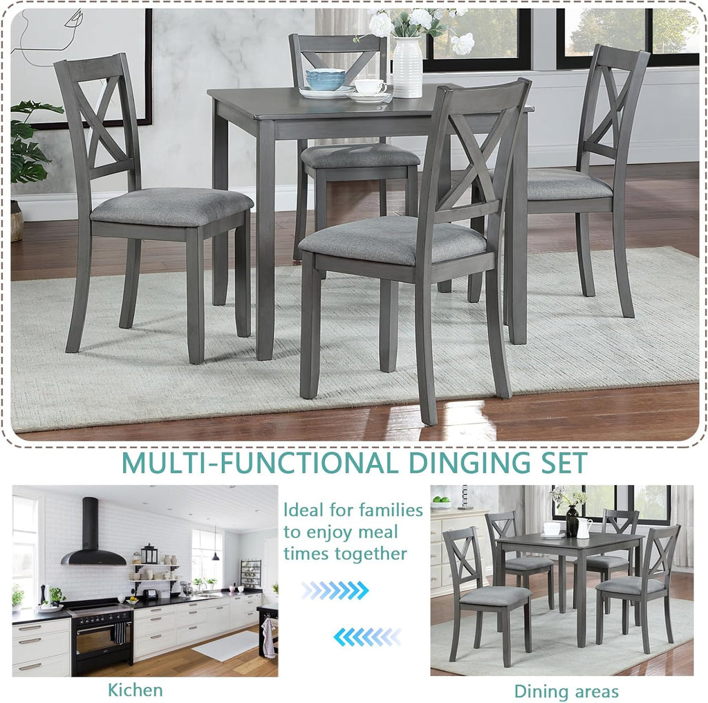 LUMISOL 5-Piece Wooden Dining Table Set with 4 Chairs, Kitchen Table Set for 4 People, Farmhouse Table and Chairs Set for Living Roo, Kitchen, Dining Room, Grey