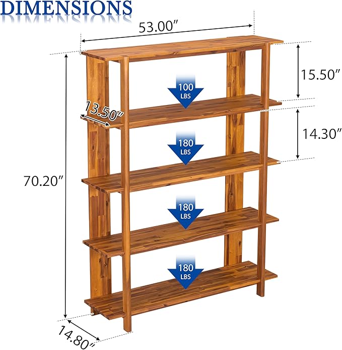 Merax 4 Shelf Bookcase H-70 L-53 Acacia Wood Open Bookshelf, Contemporary Farmhouse Style Display Storage Shelf for Home Office Studio, Teak Finish