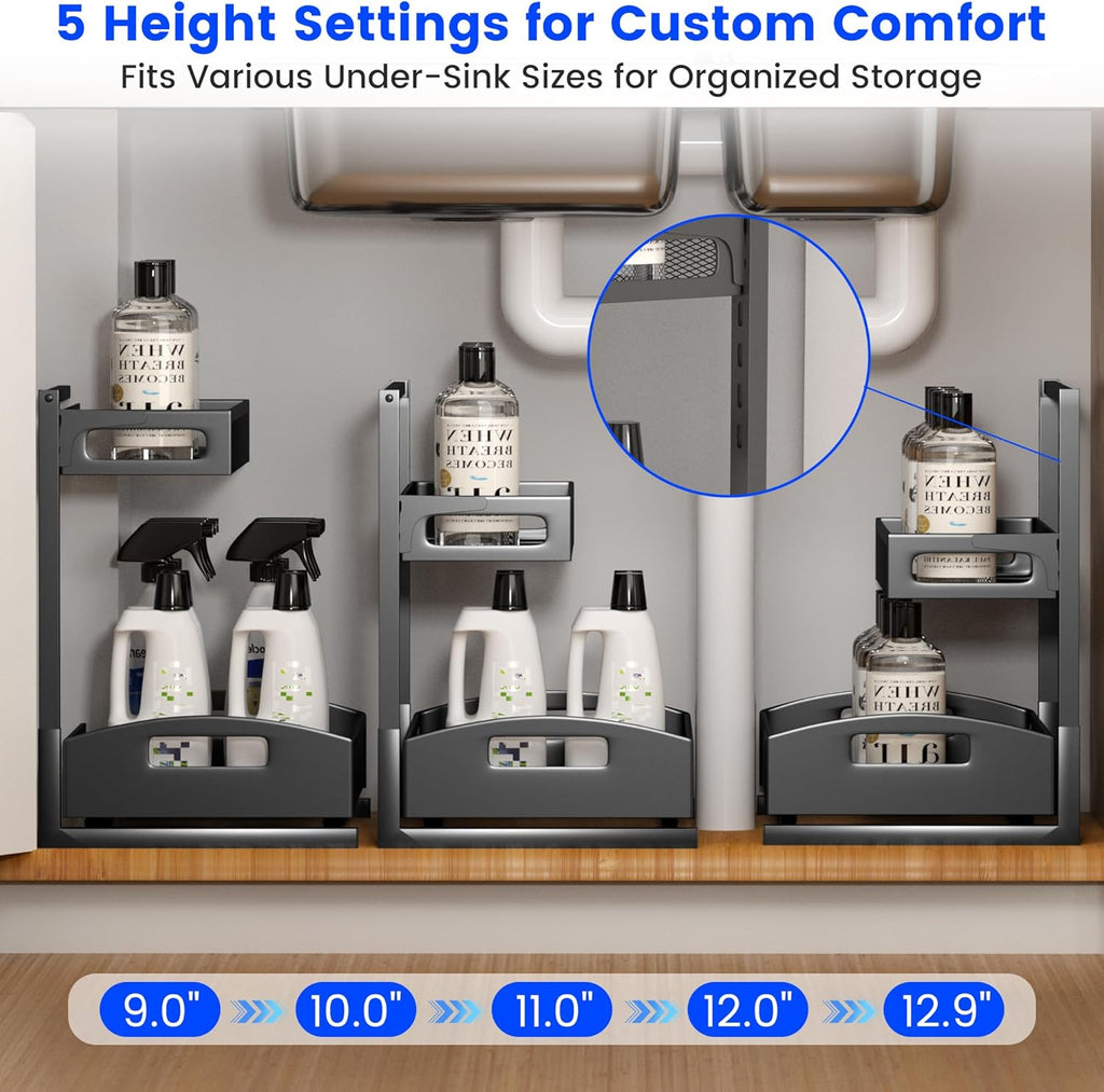 Under Sink Organizer,2 Pack Height Adjustable Under Sink Organizers and Storage, 2 Tier Under Sink Storage for Kitchen Bathroom Cabinet