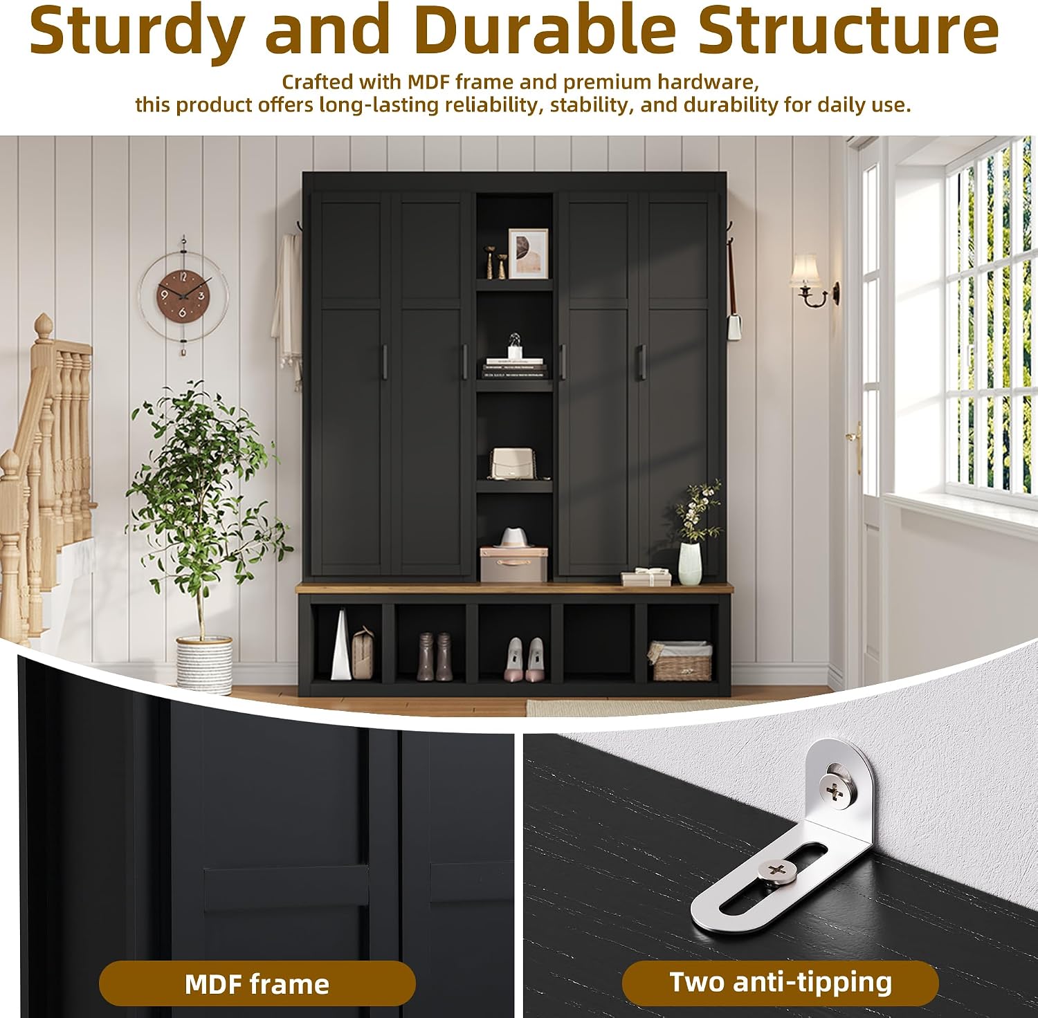 Modern 63'' Wide Hall Tree with 6 Hidden Hanging Hooks, Brown Wood Grain Minimalist Shoe Cabinet with Open Compartments, Entryway Coat Rack for Living Room Hallway (Black-4.23)