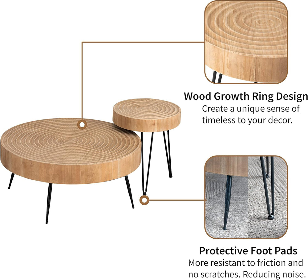 2-Piece Boho Farmhouse Nesting Table with Handcrafted Wood Ring Motif, Round ...