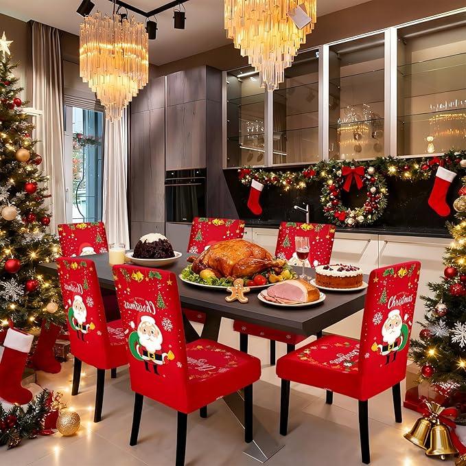 Christmas Chair Covers, Stretch Dining Room Chair Covers Set of 6, Christmas Decoration/Home Decor Chair Protector Slipcovers