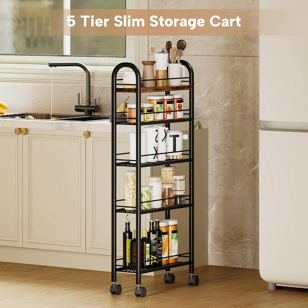 Slim Storage Cart, 5 Tier Narrow Utility Cart with Metal Frame and Wooden Top, Rolling Storage Organizer Shelving Unit for Kitchen, Dining Room, Living Room,Home Office, Vintage