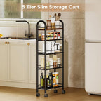 Slim Storage Cart, 5 Tier Narrow Utility Cart with Metal Frame and Wooden Top, Rolling Storage Organizer Shelving Unit for Kitchen, Dining Room, Living Room,Home Office, Vintage
