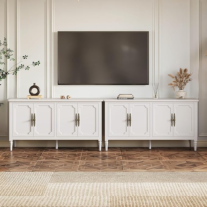 RoyalCraft Buffet Sideboard Table Set of 2, 59'' Mid Century Modern Console Table, Media Cabinet with 4 Doors, Accent Cabinet Wood Sideboard, for Entryway, Living Room, Dining Room, Satin White
