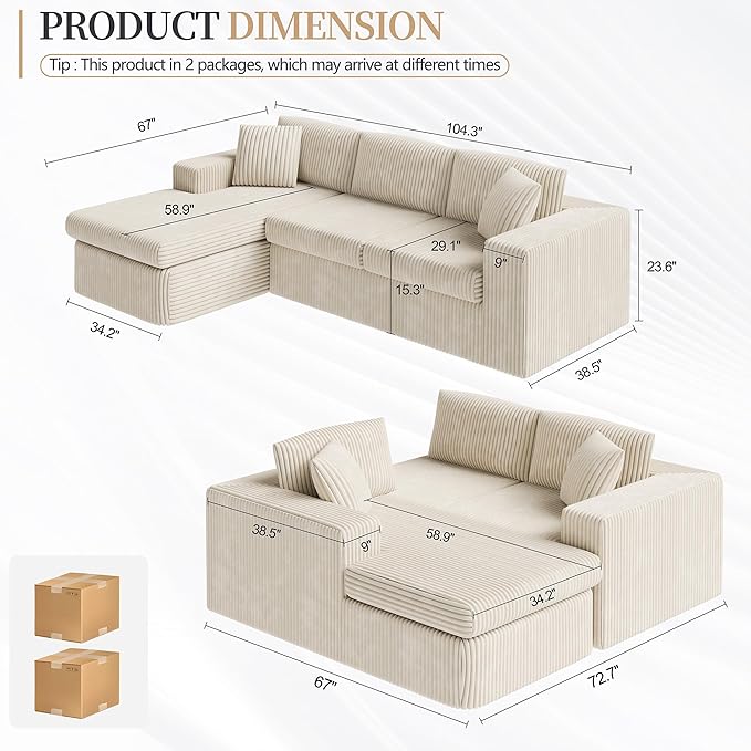 Vongrasig 105" Boneless Couches for Living Room, Sectional Couches Modular Sofa with L-Shaped Chaise, Memory Foam Comfy Cloud Couch with Plush Corduroy Fabric, No Assembly Required, Beige