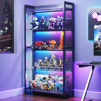 AODK Display Case with Glass Shelves, RGB Light 4-Tier Display Cabinet | Display Shelf with Open Shelf Design & Industrial Metal Mesh, Curio Cabinet for Collectibles, Black Bookcase