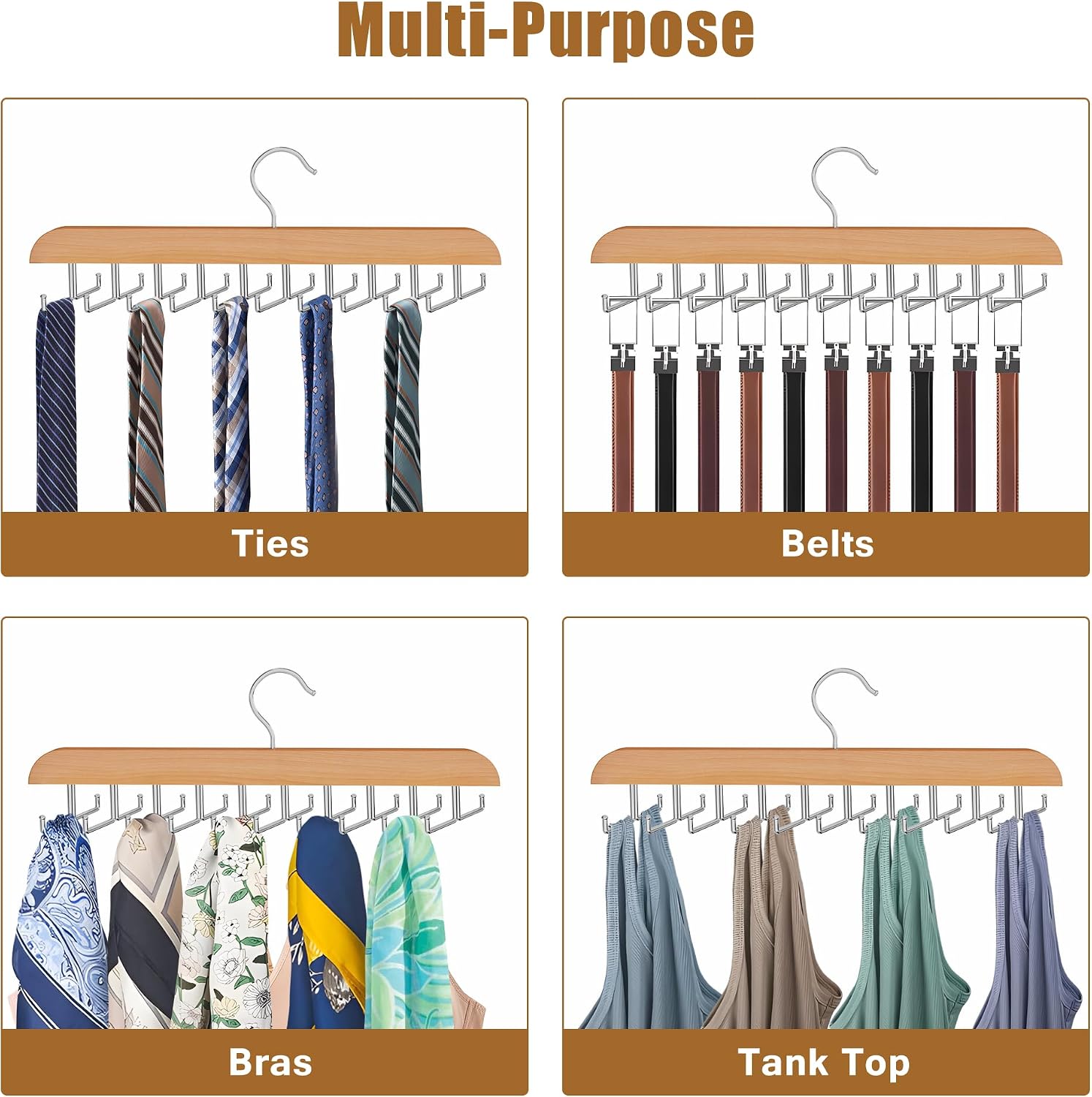 Tie Rack Hanger for Closet, 2 in 1 Belt Tie Hangers with 20 Folding Hooks, 360 Degree Rotating Wooden Tie Holder Organizer for Men Ties Belts Scarves Tank Tops Accessories, Wood (1 Pack)