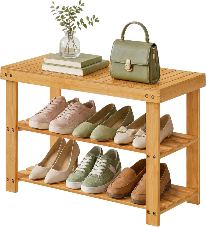 SONGMICS HOME 3-Tier Bamboo Shoe Bench, Shoe Rack, for Entryway Bathroom Bedroom, 11.5 x 27.8 x 18 Inches, Natural