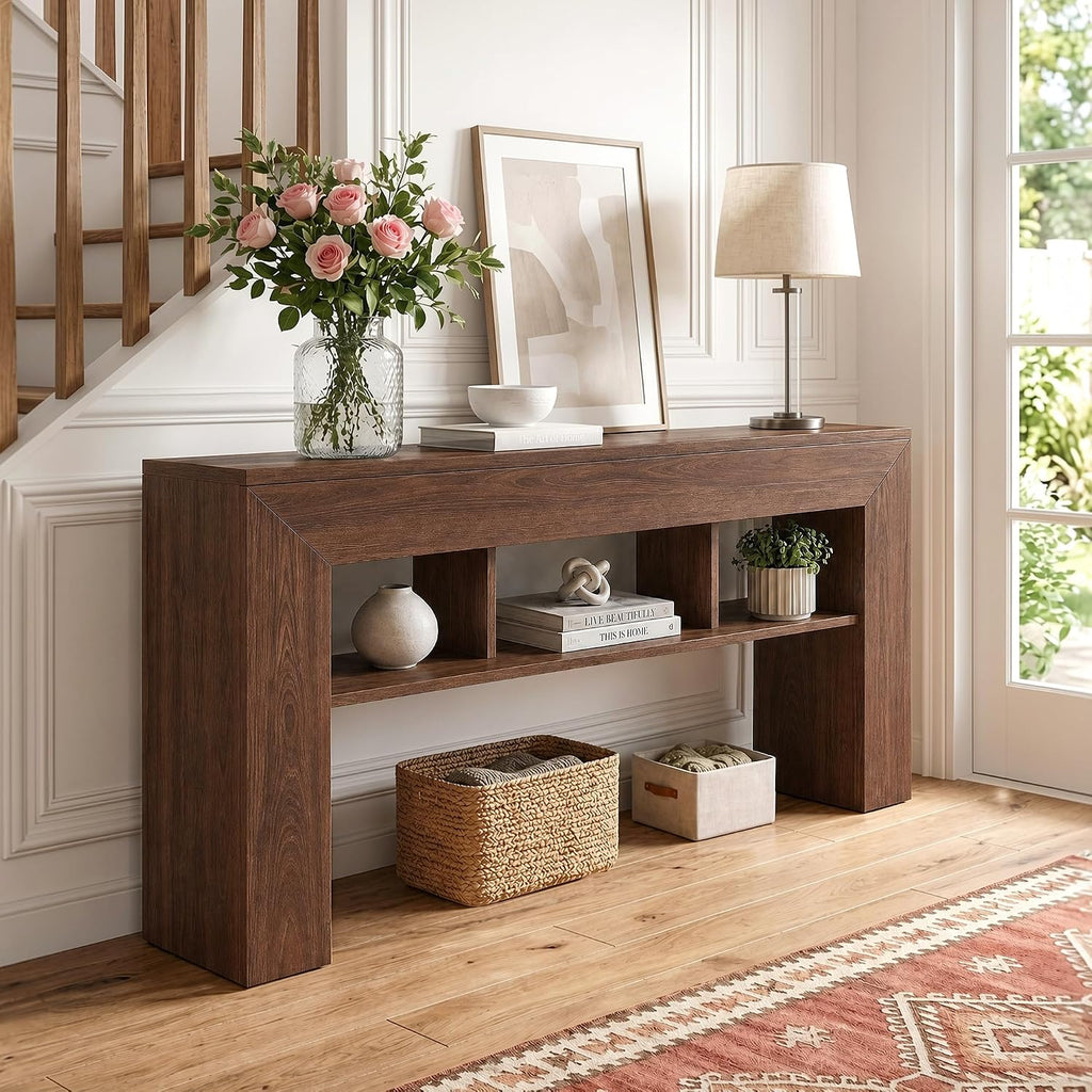 EnHomee 63" Console Table with 3 Shelves Behind Sofa, Dark Brown | Renters & Homeowners, Wood, Holds 220 Lbs, Anti-tip Kit & Non-Slip Pads