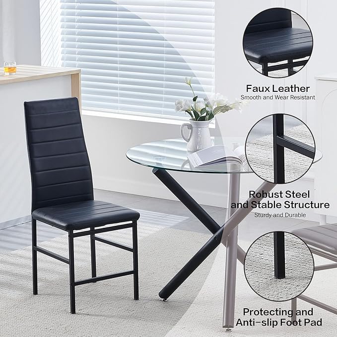 PU Dining Chairs Set of 4, Modern Kitchen & Dining Room Chairs Faux Leather Upholstered Dinner Chairs with Metal Legs for Small Space (Black, Crossbar)
