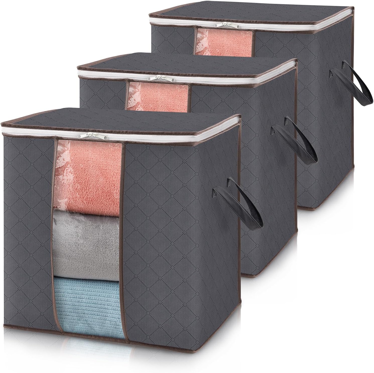 Lifewit 3 Pack Clothes Storage Bins with Lids, Foldable Blanket Storage Bags with Zippers, Clear Window and Reinforced Handles, Closet and Organization for Clothing, Sweater, Comforter, Bedding, Gray