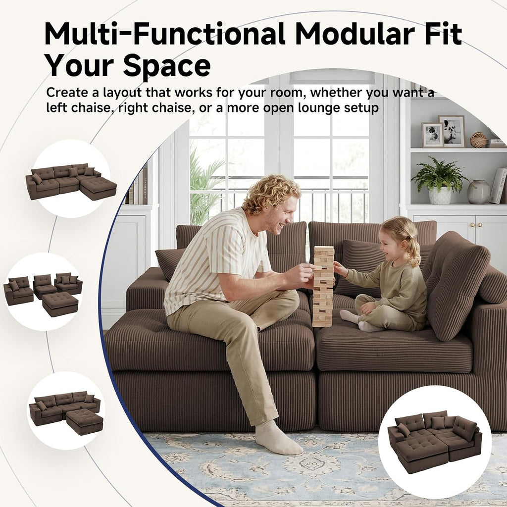113" L-Shaped Modular Sectional Sofa Chaise Boneless Couch No Assembly | Corduroy Boneless Sectional Couch with Deep Seat, Couches for Living Room, Bedrom, Couch in a Box, Light Gray