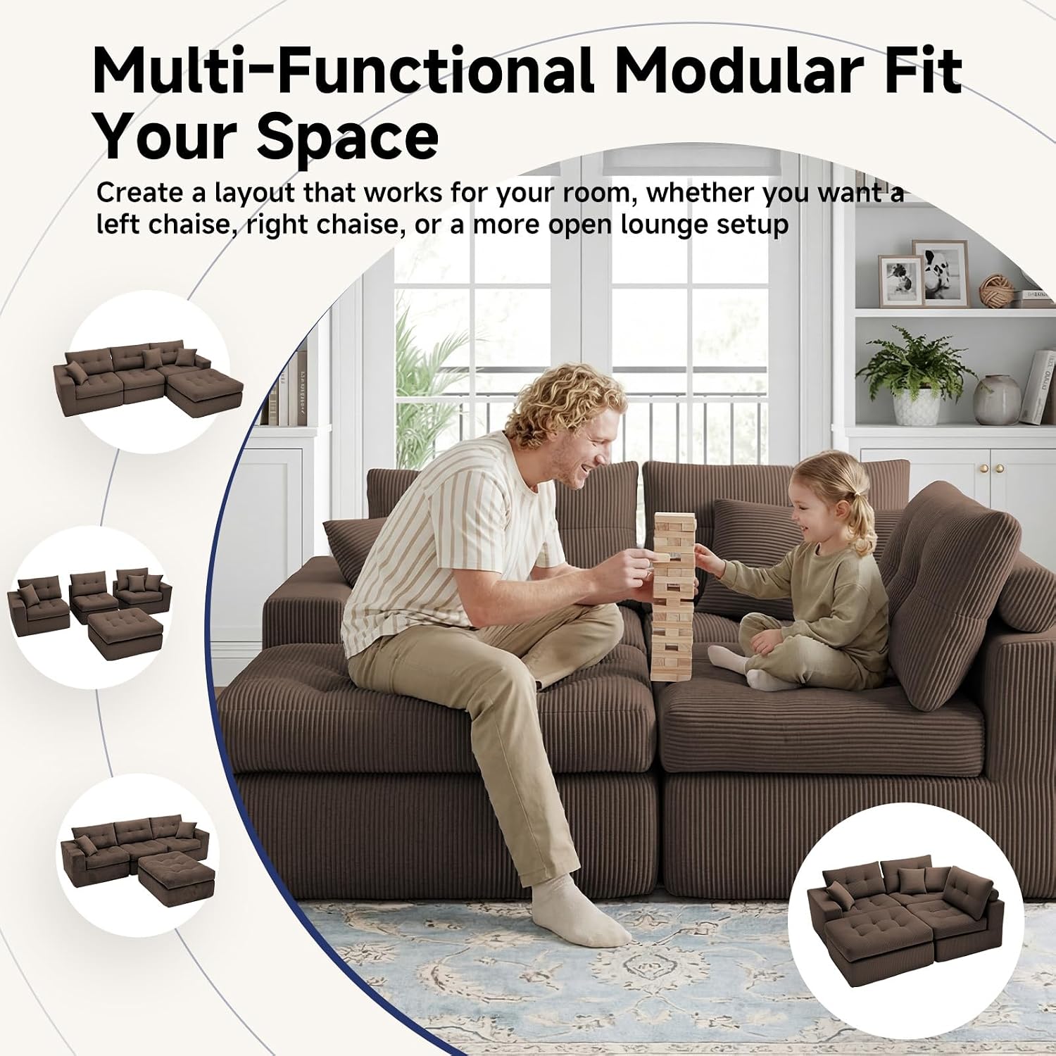 113" L-Shaped Modular Sectional Sofa Chaise Boneless Couch No Assembly | Corduroy Boneless Sectional Couch with Deep Seat, Couches for Living Room, Bedrom, Couch in a Box, Light Gray
