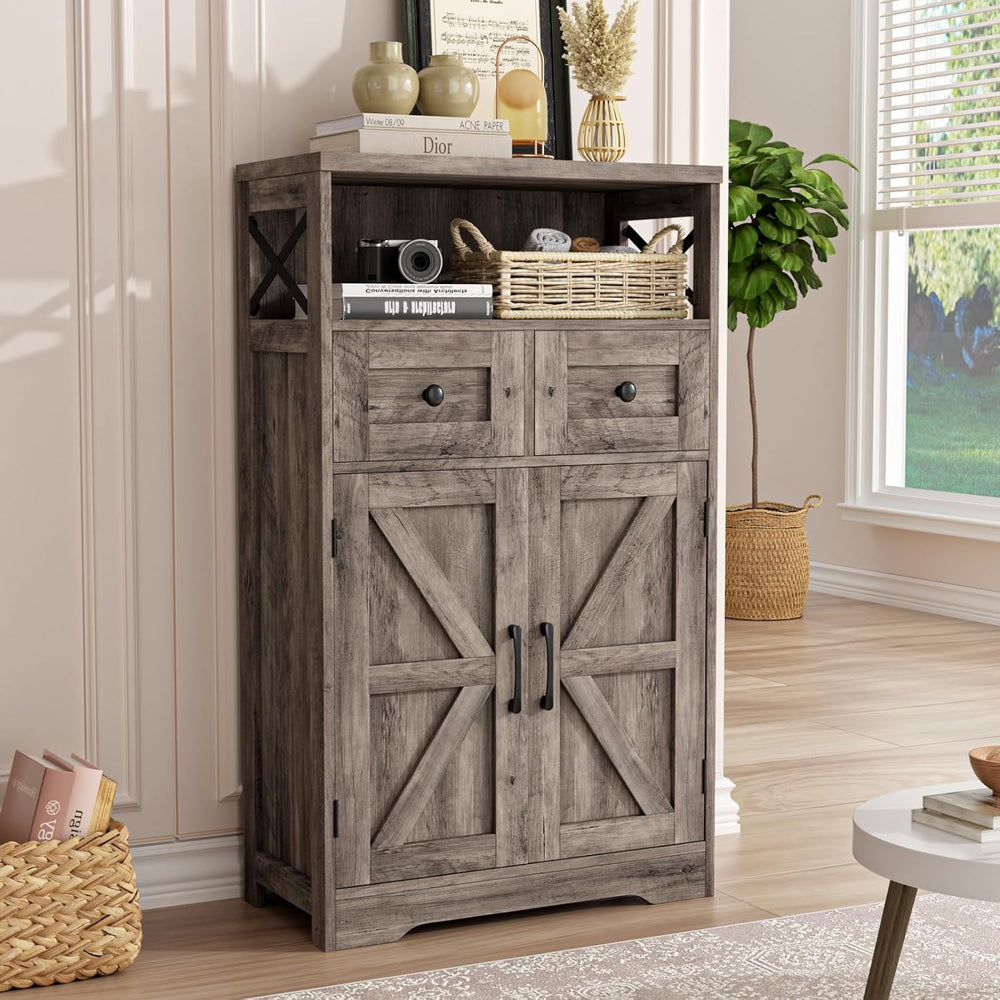 Grey Farmhouse Storage Cabinet with Doors and Drawers, Small Pantry Cabinet