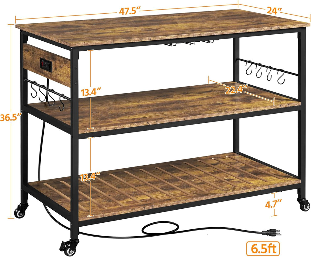 Yaheetech 47.5 Inches Kitchen Island with Storage, 3 Shelves, Rustic Brown | Rolling Kitchen Island With Power Outlet, Kitchen Island on Wheels with Wine Rack & Glass Holder & Hooks for Dining Room/Bar