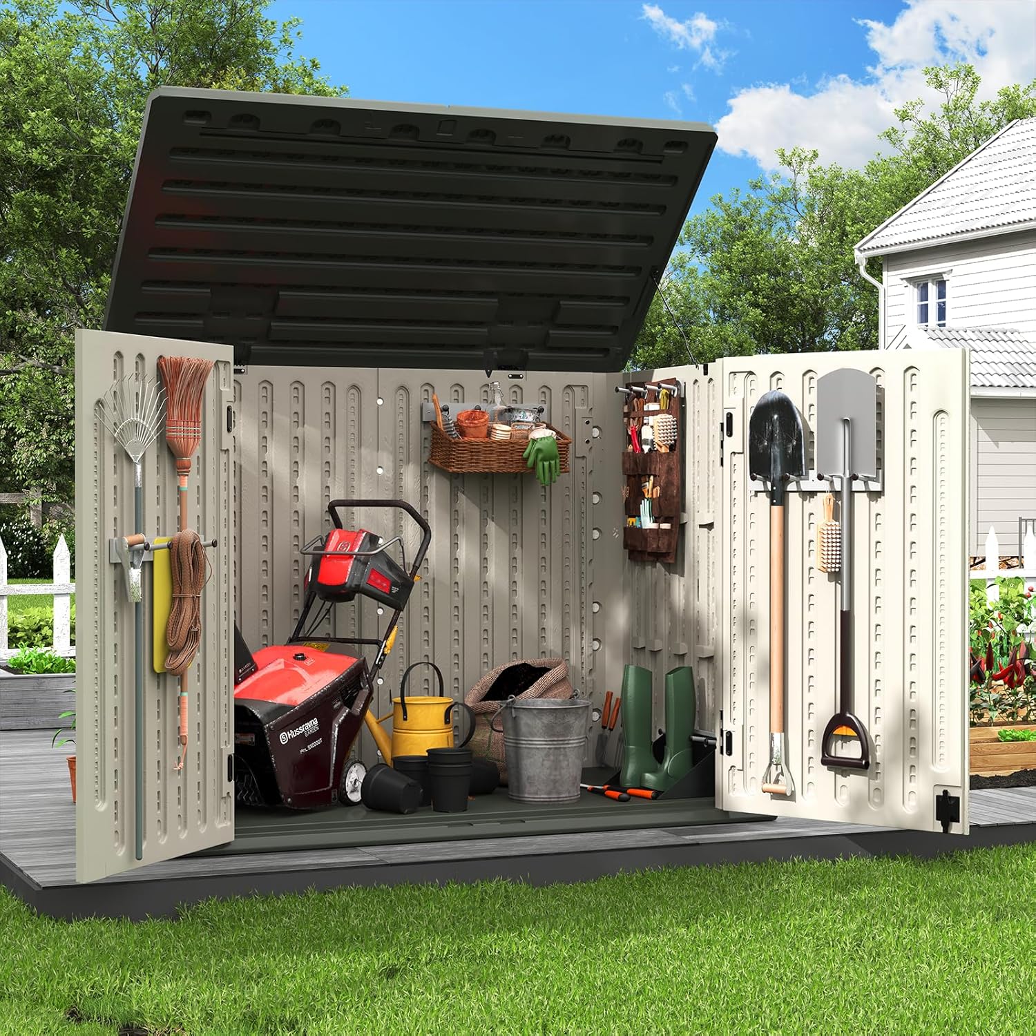 Amopatio Horizontal Outdoor Storage Shed, 34.5 Cu Resin Outdoor Storage Cabinet Waterproof, Outside Cabinet Weather Resistant for Trash Cans, Lawn Mower, Garden Tools, Patio Furniture, Light Grey