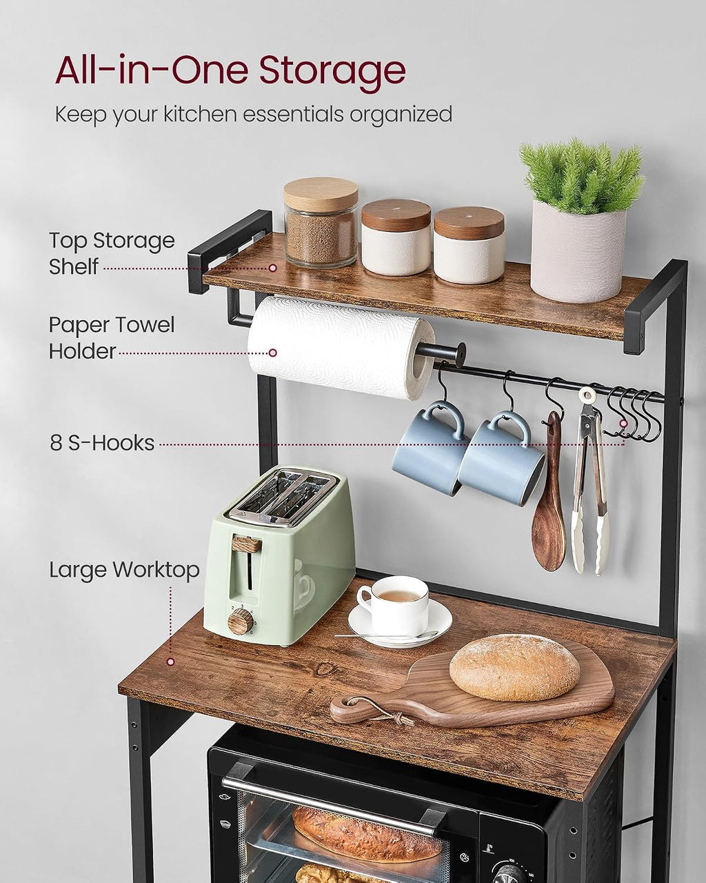 VASAGLE BARNET Collection - Kitchen Bakers Rack with Power Outlet, 23.6-Inch Wide Coffee Bar 4-Tier with 8 S Hooks, Modern Microwave Stand, Adjustable Shelf, Rustic Brown and Ink Black UKKS014K01V1