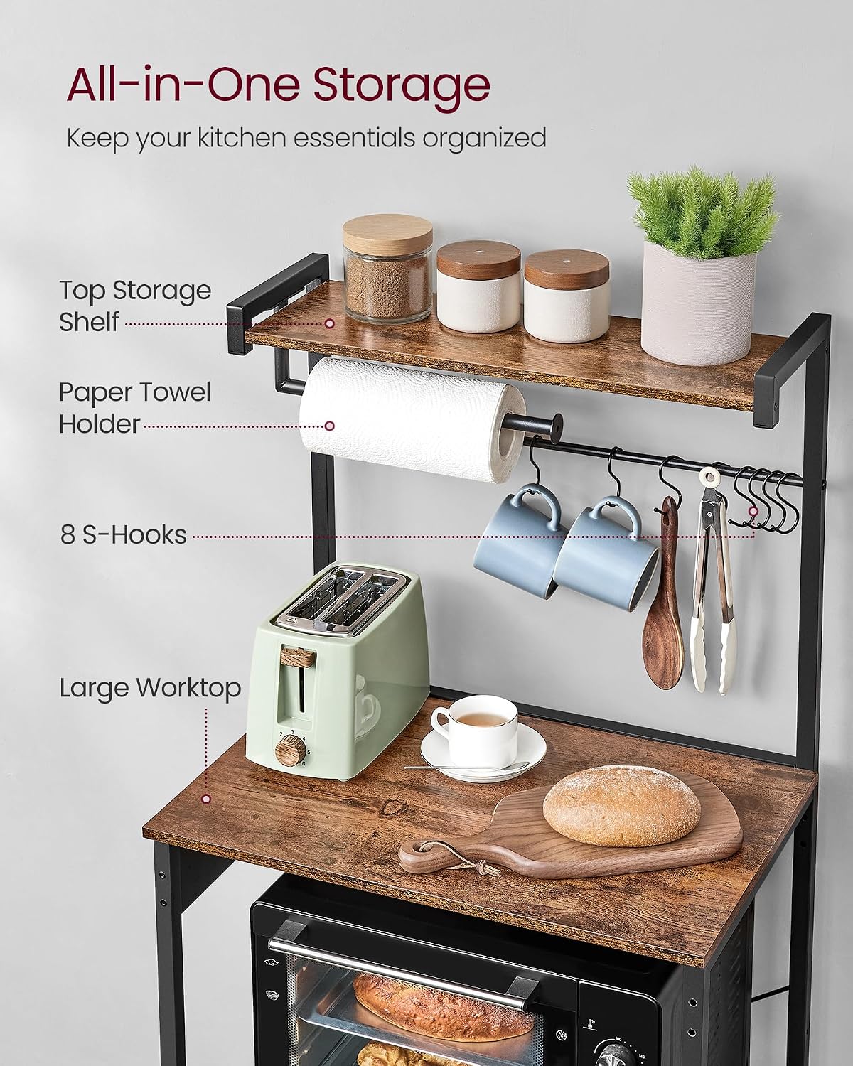 VASAGLE BARNET Collection - Kitchen Bakers Rack with Power Outlet, 23.6-Inch Wide Coffee Bar 4-Tier with 8 S Hooks, Modern Microwave Stand, Adjustable Shelf, Rustic Brown and Ink Black UKKS014K01V1