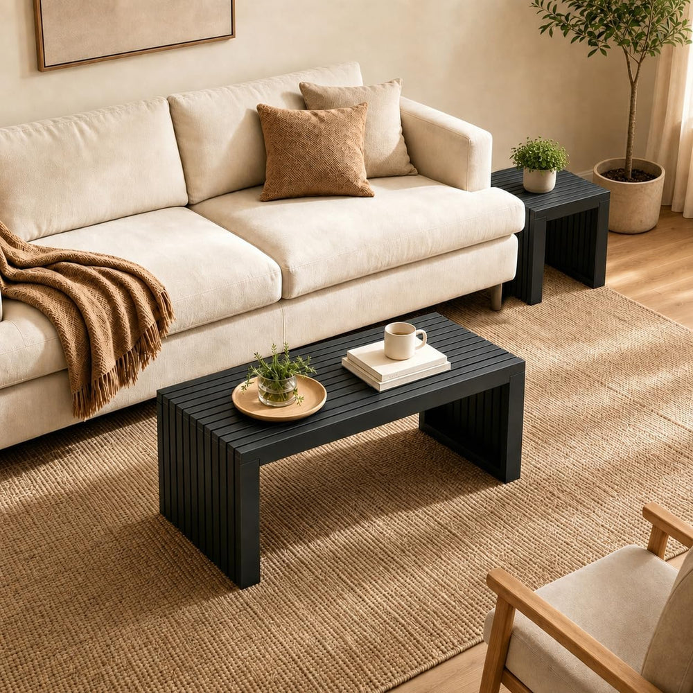 Bamboo Dining Bench, 35'' Slatted Design Entryway Bench, Black | Mode...