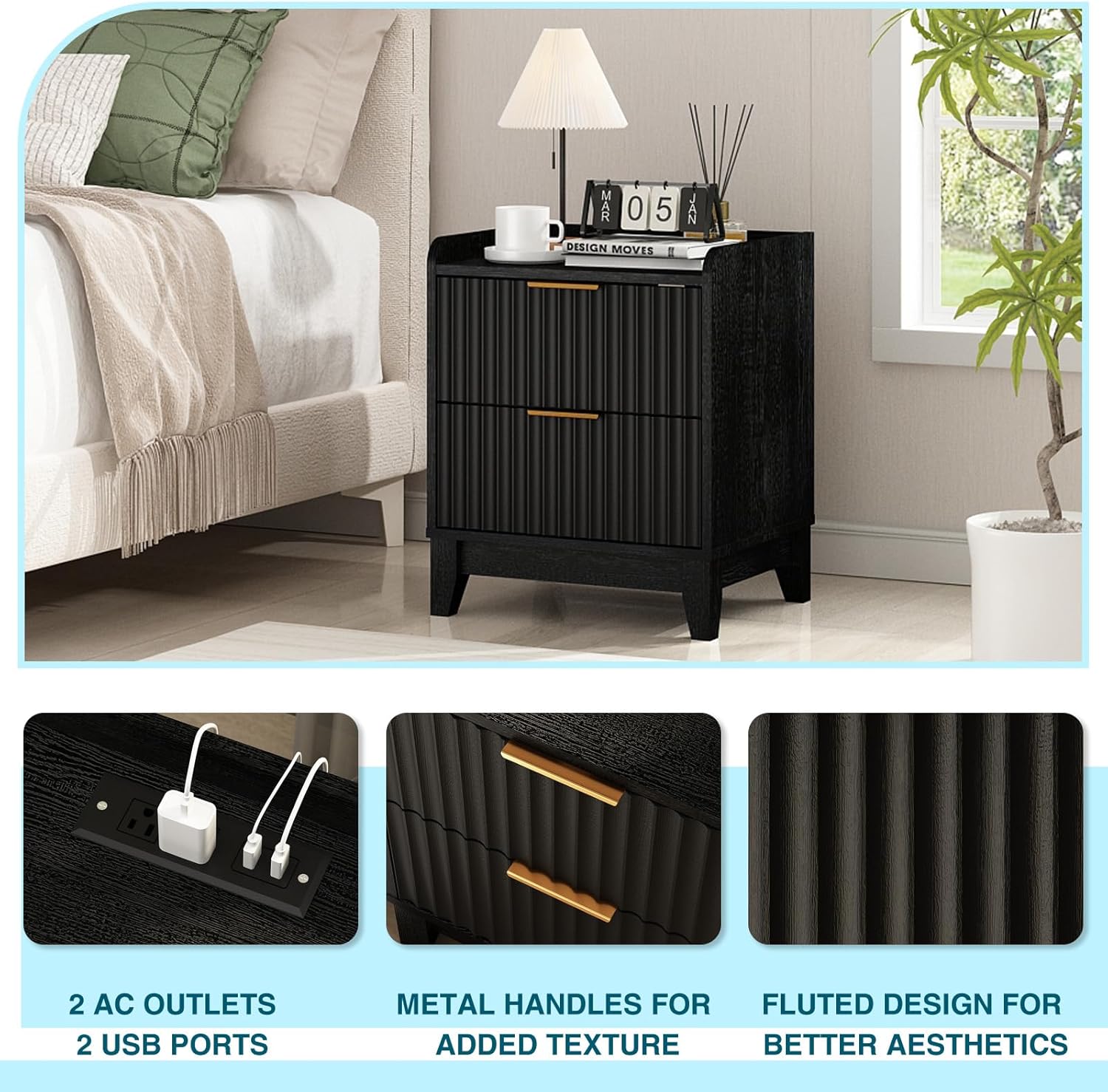 Wnutrees Fluted Nightstand with Charging Station, Modern Bedside Table with 2 Drawers, Farmhouse Wooden End Side Table Living Room, Black