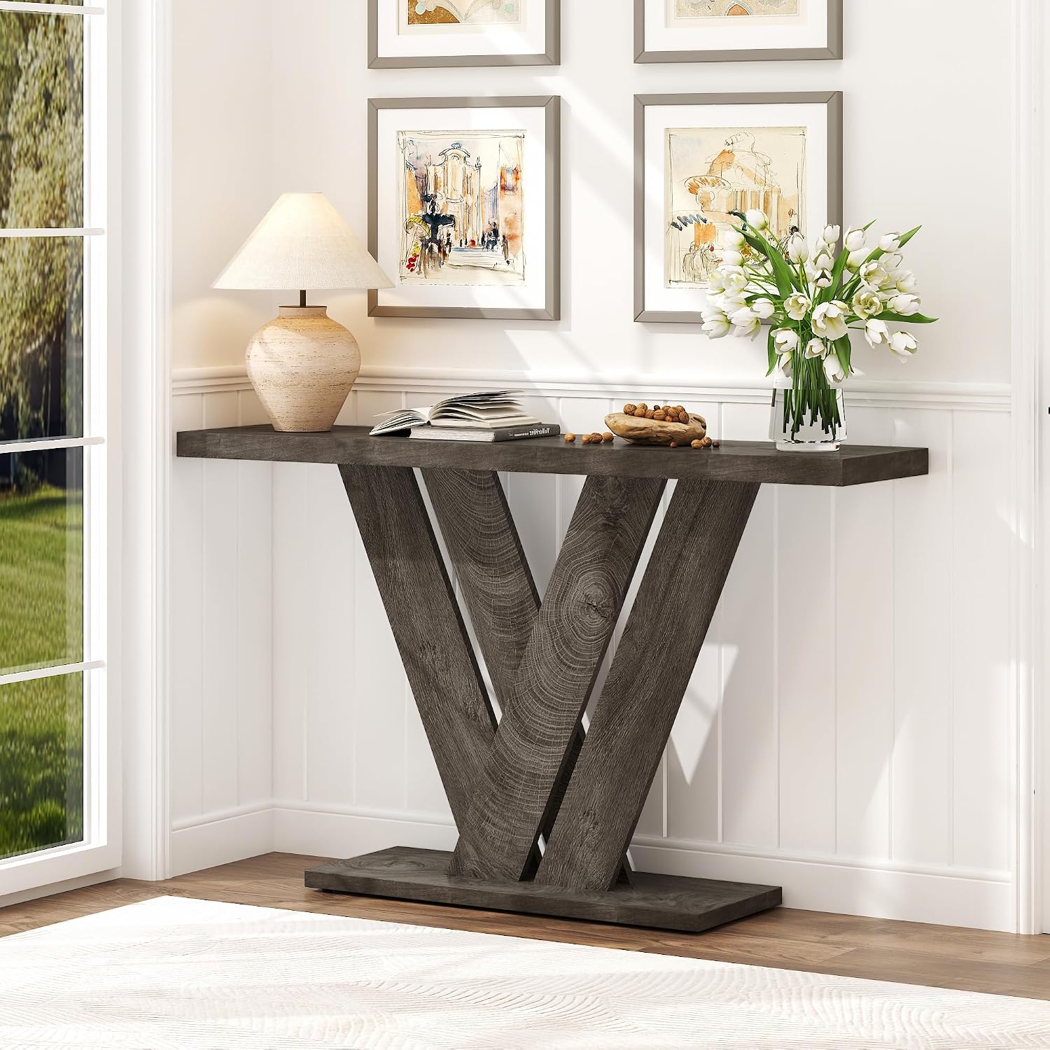 karlott 51" Console Table, V-Shaped Entryway Table, Wood Sofa Table Behind Couch, Grey