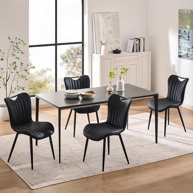 Leather Upholstered Dining Chairs Set of 6, Mid-Century Modern Kitchen Dining Room Chairs with Black Metal Legs, Armless Faux Leather Accent Dinner Chairs Kitchen Side Chairs, Black