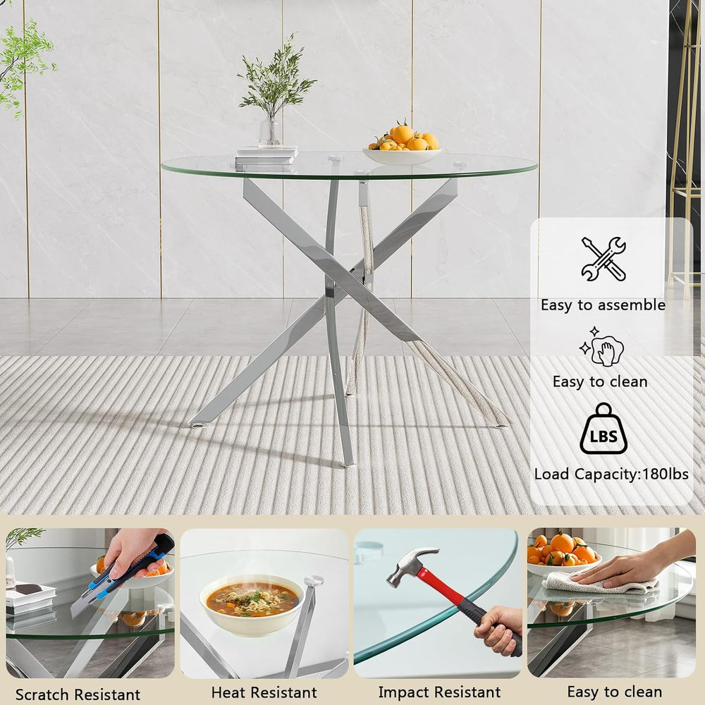 HomVent 36''Silver Round Glass Dining Table Set for 4 for Family Gath...