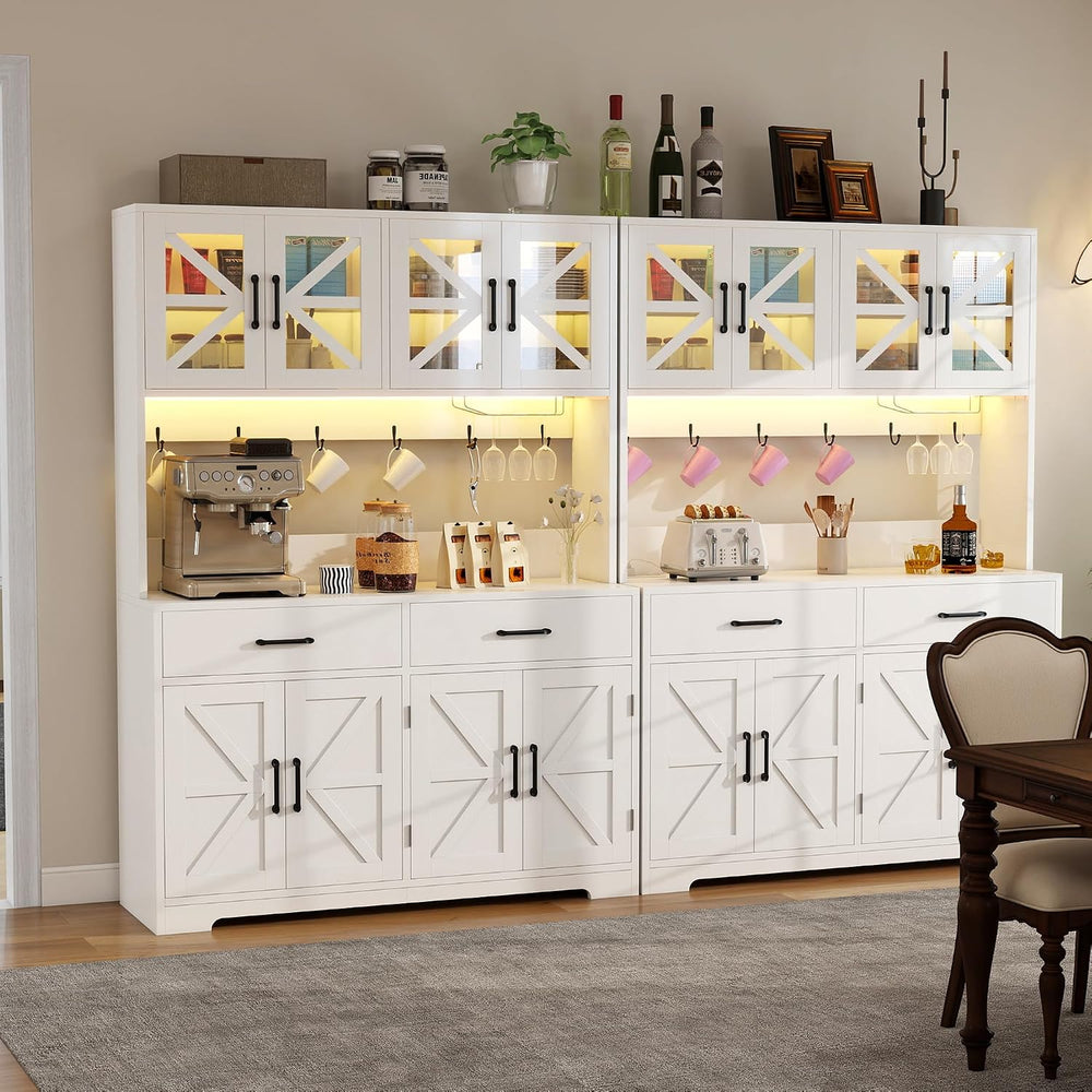 MUUEGM 71''Tall Kitchen Hutch with LED Lights & Power Outlet, Woo...