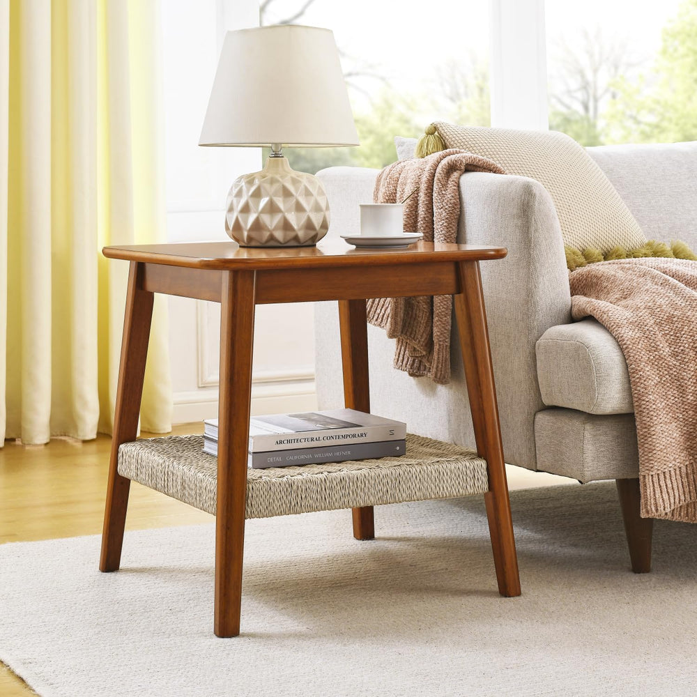 Geelife 23" Mid-Century Side Table with Woven Shelf, Boho Side Table wit...