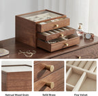 CHOSIN Black Walnut Wooden Jewelry Box for Women, 3-Layer Wood Jewelry Organizer with Glass Lid for Watches, Necklaces, Rings & Earrings Storage Christmas Gifts