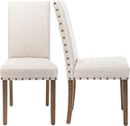 Upholstered Dining Chair Modern Stylish Parsons Kitchen Diner High Back with Bronze Nailhead Trim & Wood Legs, Set of 2, Beige