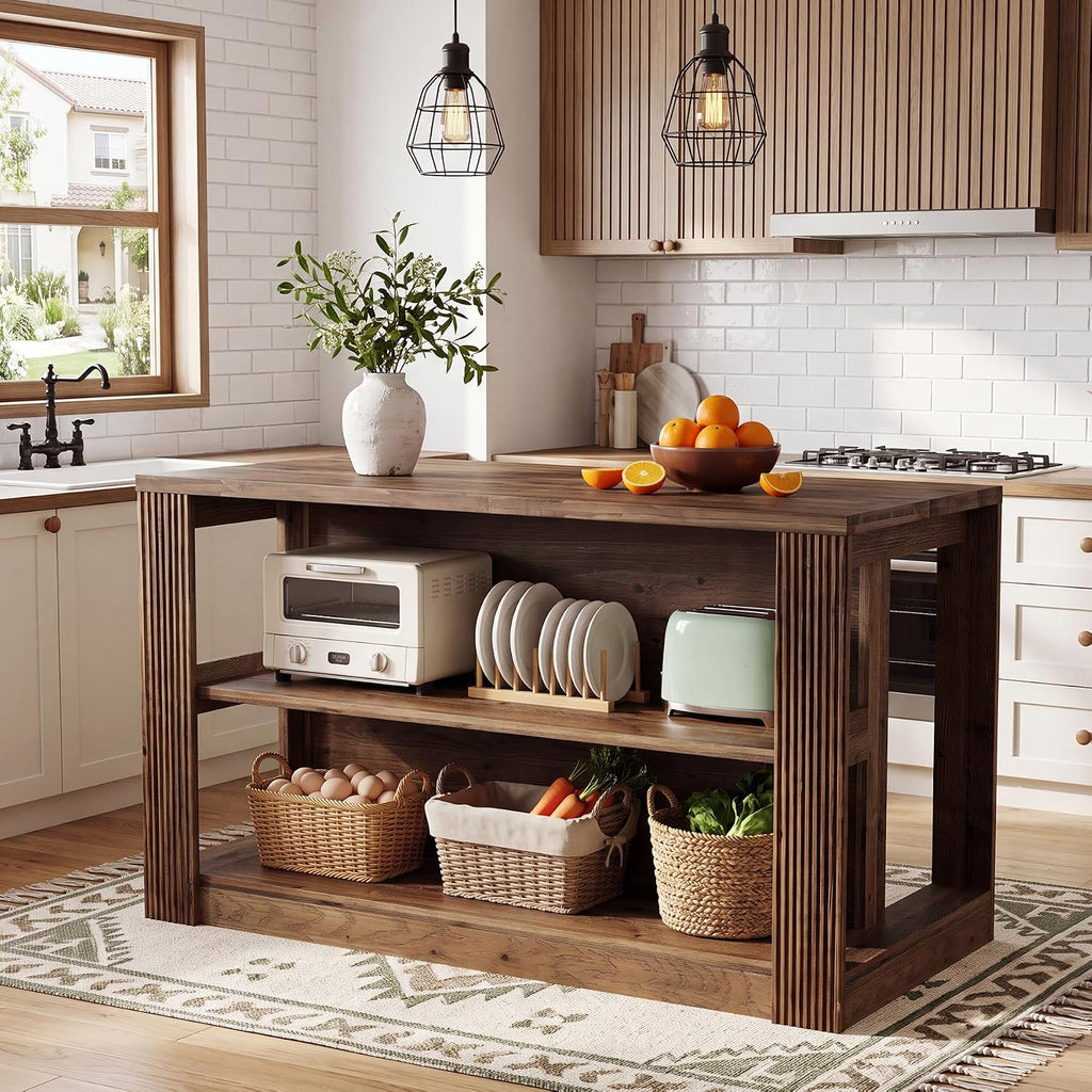 55" Solid Wood Kitchen Island Table with Storage | Farmhouse Island Table with 2-Tier Open Shelves, Sturdy Counter Height Bar Table for Kitchen, Dining Room, Rustic Brown
