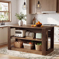 55" Solid Wood Kitchen Island Table with Storage | Farmhouse Island Table with 2-Tier Open Shelves, Sturdy Counter Height Bar Table for Kitchen, Dining Room, Rustic Brown