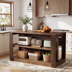 55" Solid Wood Kitchen Island Table with Storage | Farmhouse Island Table with 2-Tier Open Shelves, Sturdy Counter Height Bar Table for Kitchen, Dining Room, Rustic Brown