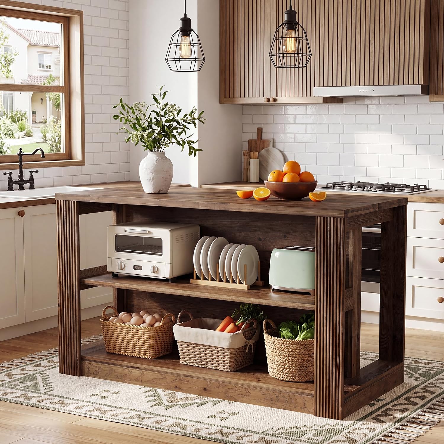 55" Solid Wood Kitchen Island Table with Storage | Farmhouse Island Table with 2-Tier Open Shelves, Sturdy Counter Height Bar Table for Kitchen, Dining Room, Rustic Brown