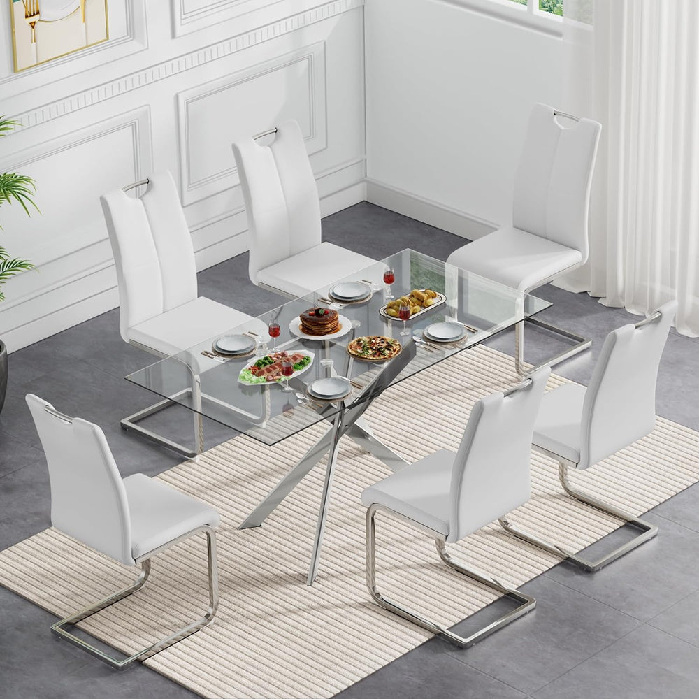 Henf 7 Piece Glass Dining Table Set for 6, 61" Modern Silver Kitchen Tab...