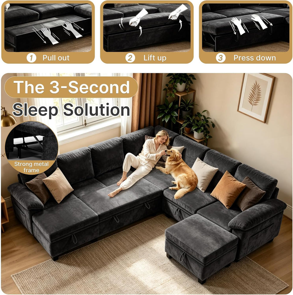 Oversized Sectional Sleeper Couch, 9 Seat Modular Sofa Pull-Out Storage Bed |...